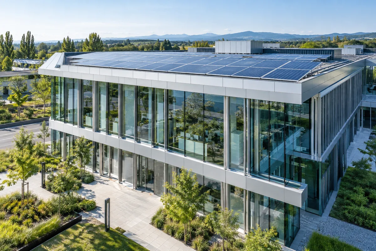 Bâtiment tertiaire contemporain et toiture photovoltaïque, illustration de la transition énergétique